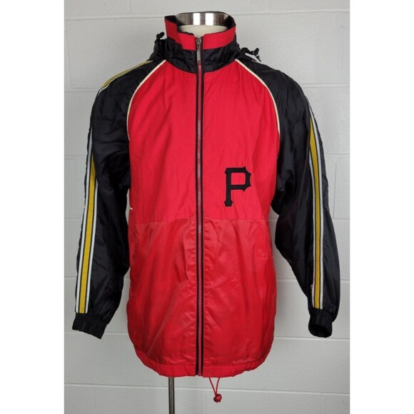 Vtg Starter Mens Pittsburgh Pirates Nylon Windbreaker Jacket Red Black‎ Hood L - Picture 1 of 12
